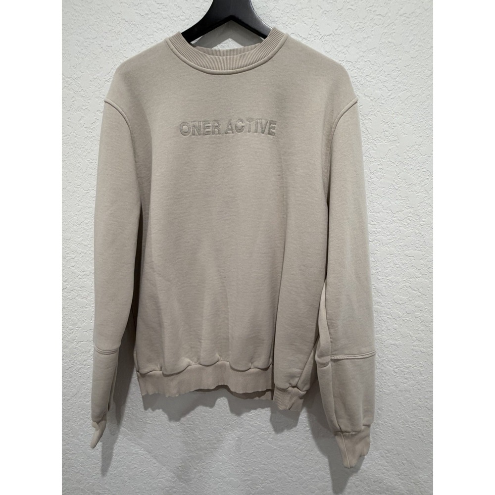 Oner Active Men's Crewneck Pullover Fleece Sweatshirt Logo Beige Size M